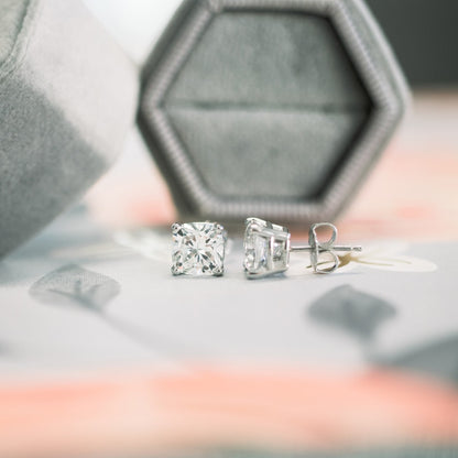 Solitaire Stud Earrings with 1.0 CT-3.0 CT Cushion Cut Moissanite