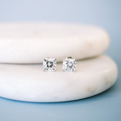 Solitaire Stud Earrings with 1.0 CT-3.0 CT Cushion Cut Moissanite