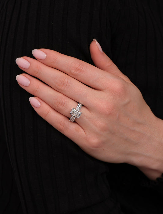 Pave Setting Ring with 3.40 CT Emerald Cut Moissanite