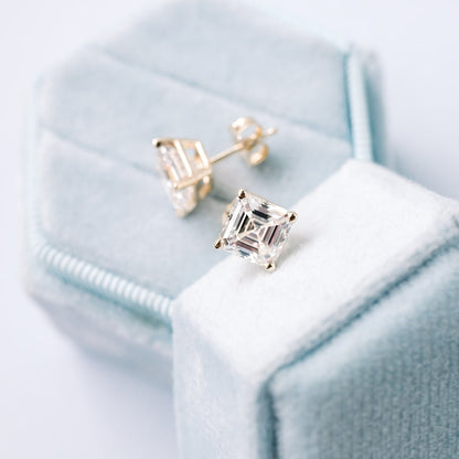 Solitaire Stud Earrings with 1.0 CT-3.0 CT Asscher Cut Moissanite