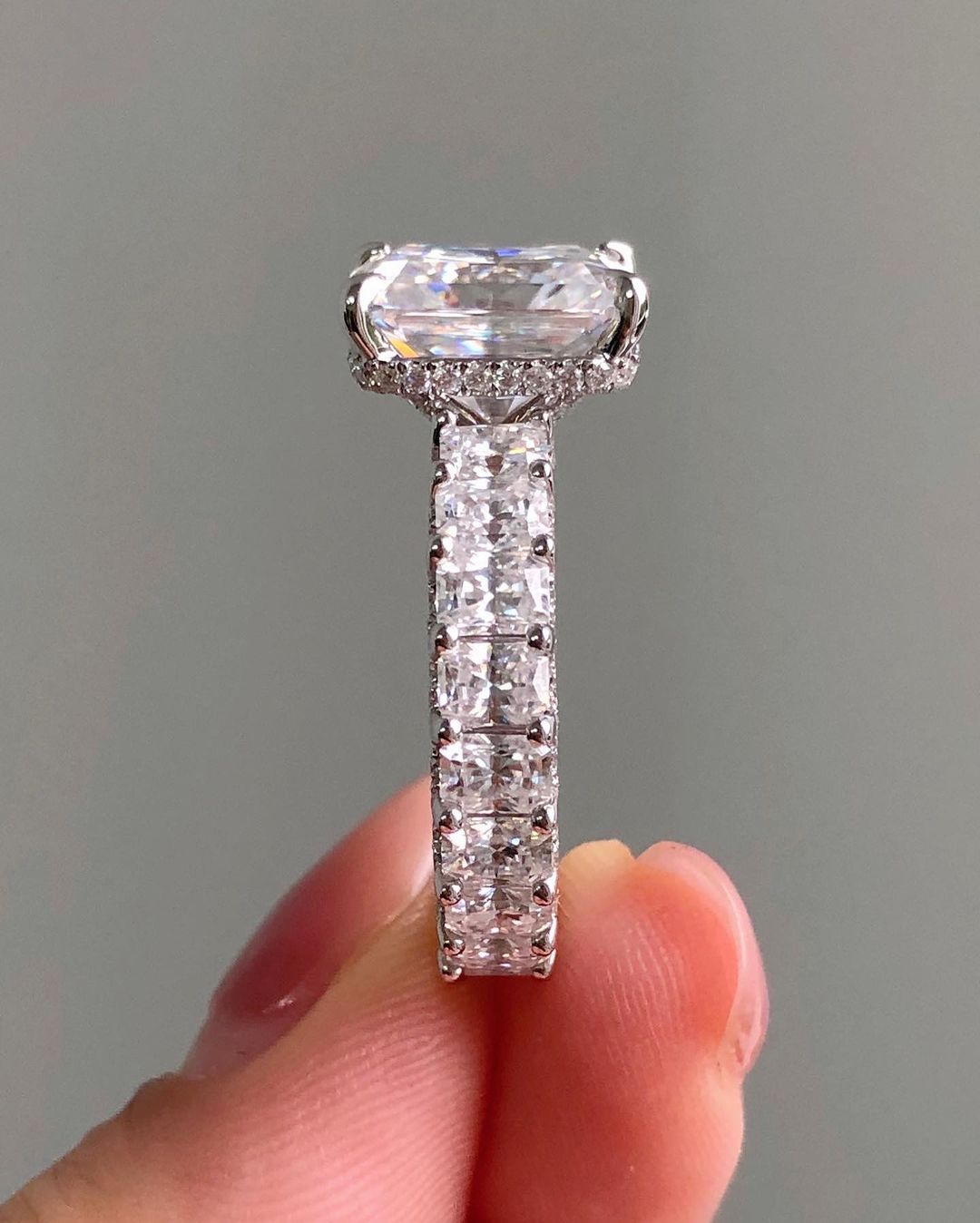 Hidden Halo & Unique Pave Ring with 3.51 CT Radiant Cut Moissanite