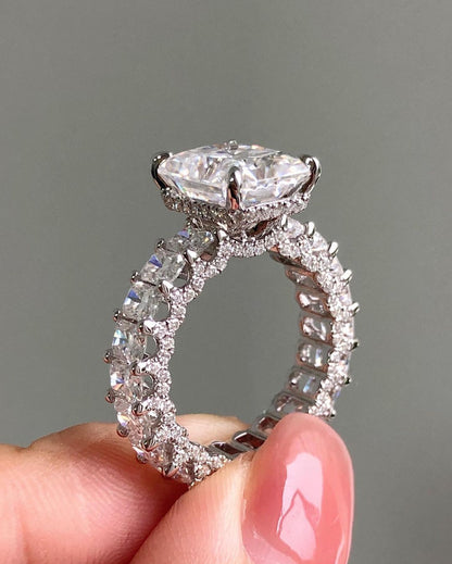 Hidden Halo & Unique Pave Ring with 3.51 CT Radiant Cut Moissanite