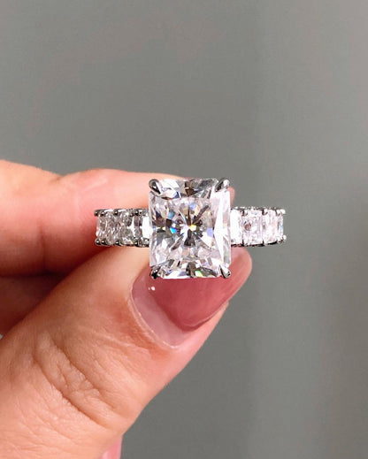 Hidden Halo & Unique Pave Ring with 3.51 CT Radiant Cut Moissanite