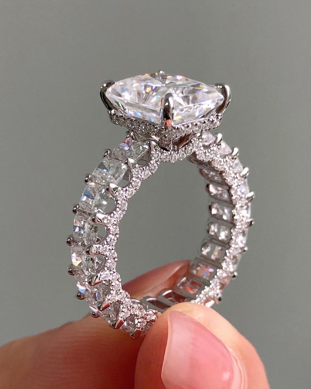 Hidden Halo & Unique Pave Ring with 3.51 CT Radiant Cut Moissanite