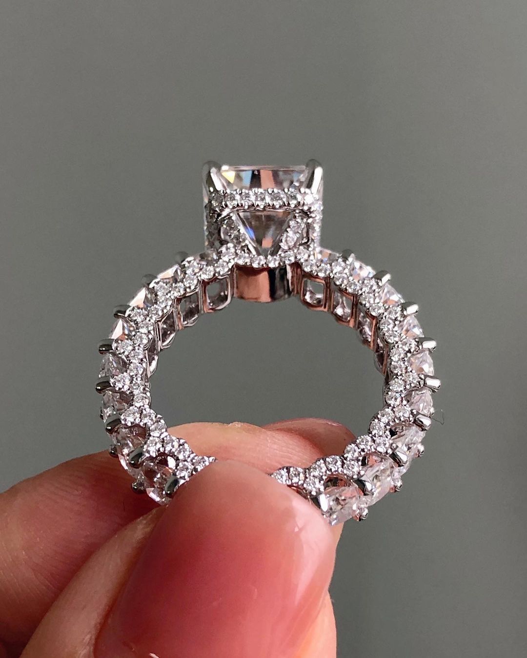 Hidden Halo & Unique Pave Ring with 3.51 CT Radiant Cut Moissanite