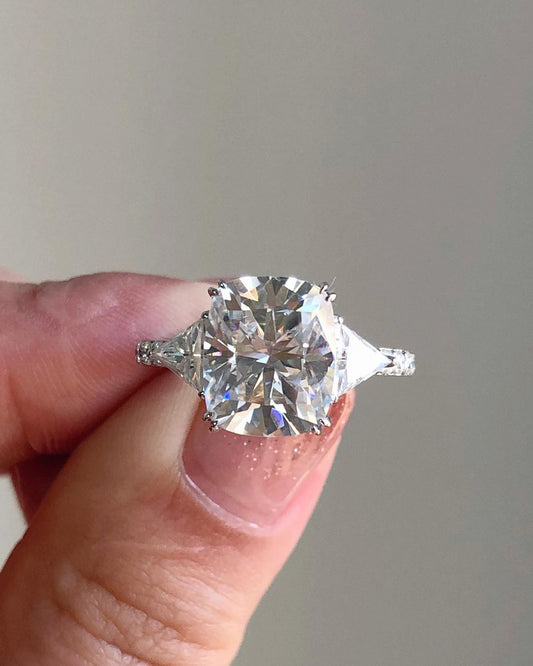 Three Stones & Pave Ring with 4.0 CT Elongated Cushion Cut Moissanite