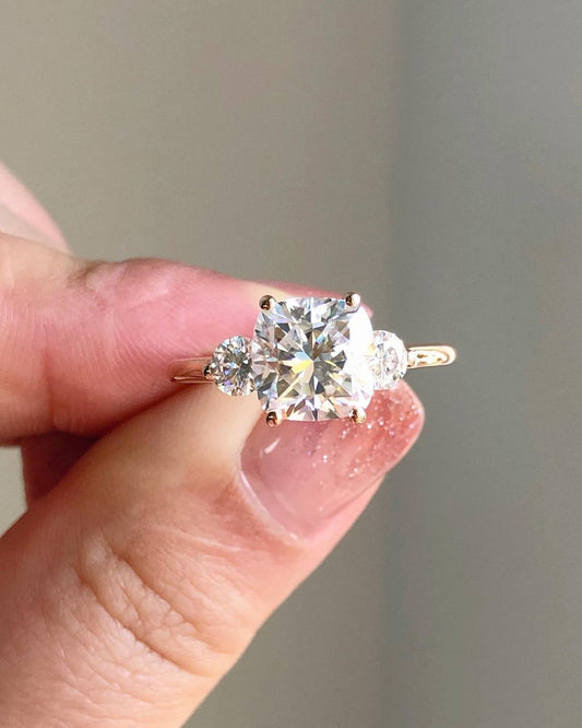 Three Stones Ring with 2.89 CT Cushion Cut Moissanite