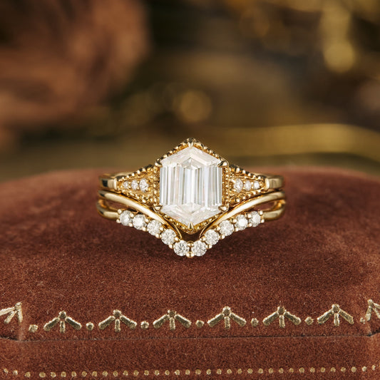 Hexagon moissanite diamond bridal set in vintage-inspired setting