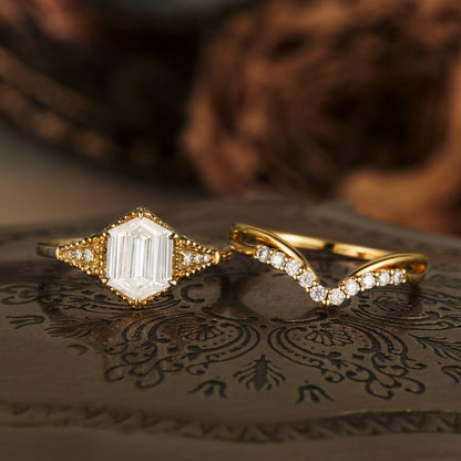 1.2 CT Hexagon Shaped Moissanite Diamond Bridal Set With Vintage Setting
