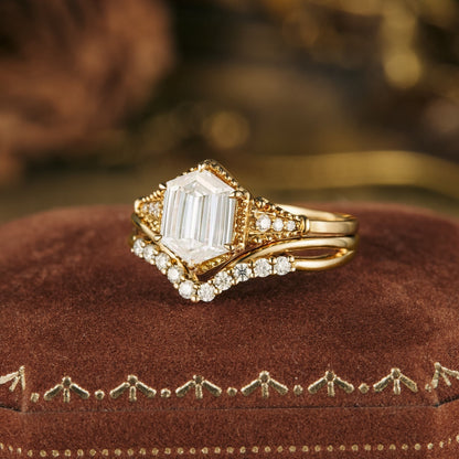 1.2 CT Hexagon Shaped Moissanite Diamond Bridal Set With Vintage Setting