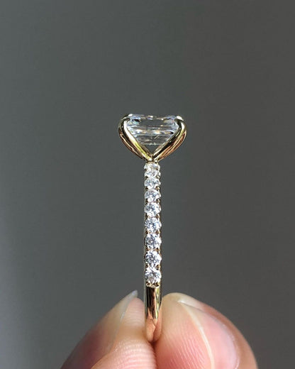 Pave Ring with 0.92 CT Emerald Cut Moissanite