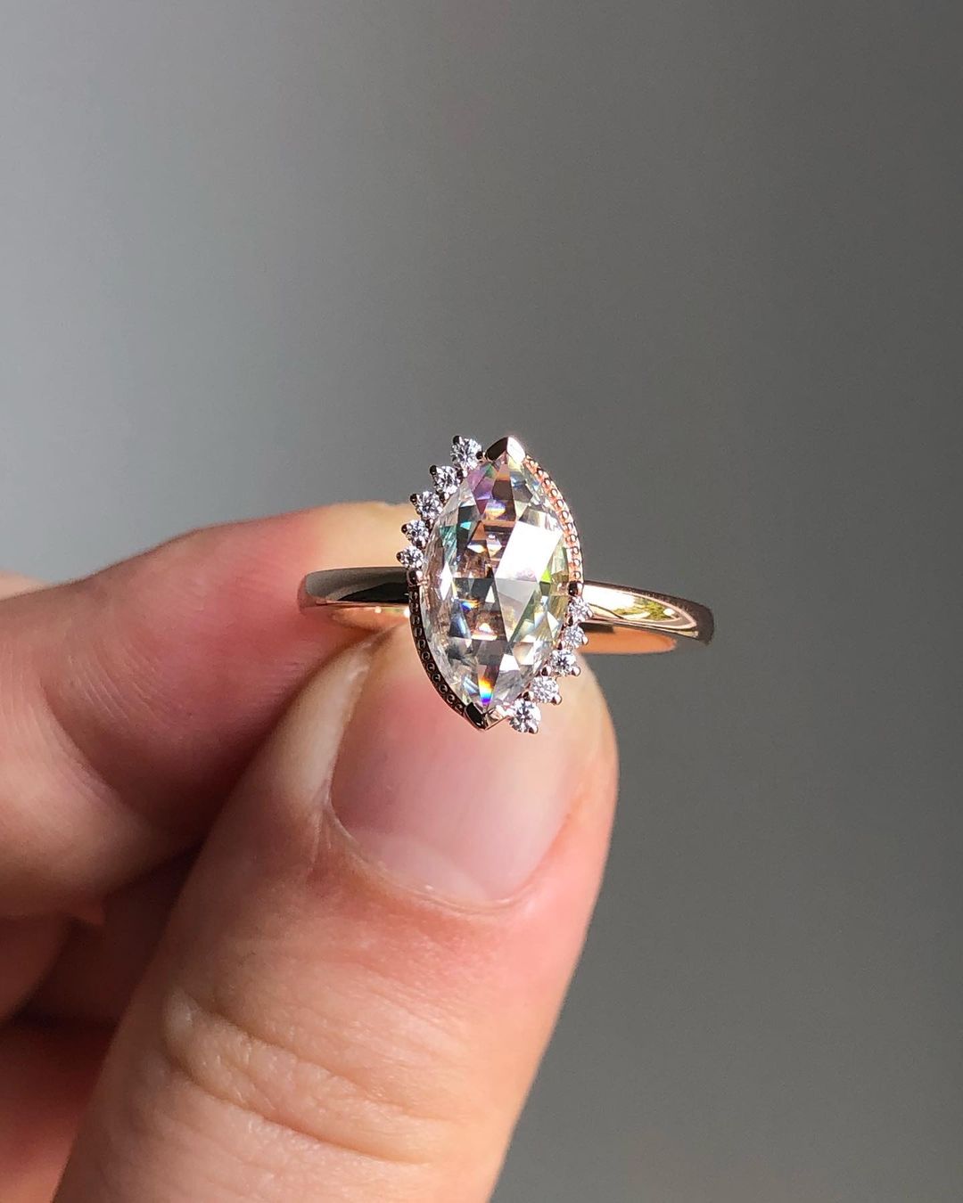 Half Halo Ring with 1.0 CT Rose Cut Marquise Cut Moissanite