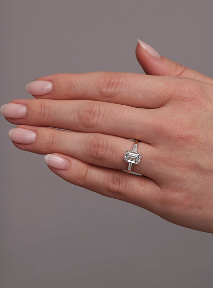 Three Stone Ring with 2.0 CT Emerald Cut Moissanite