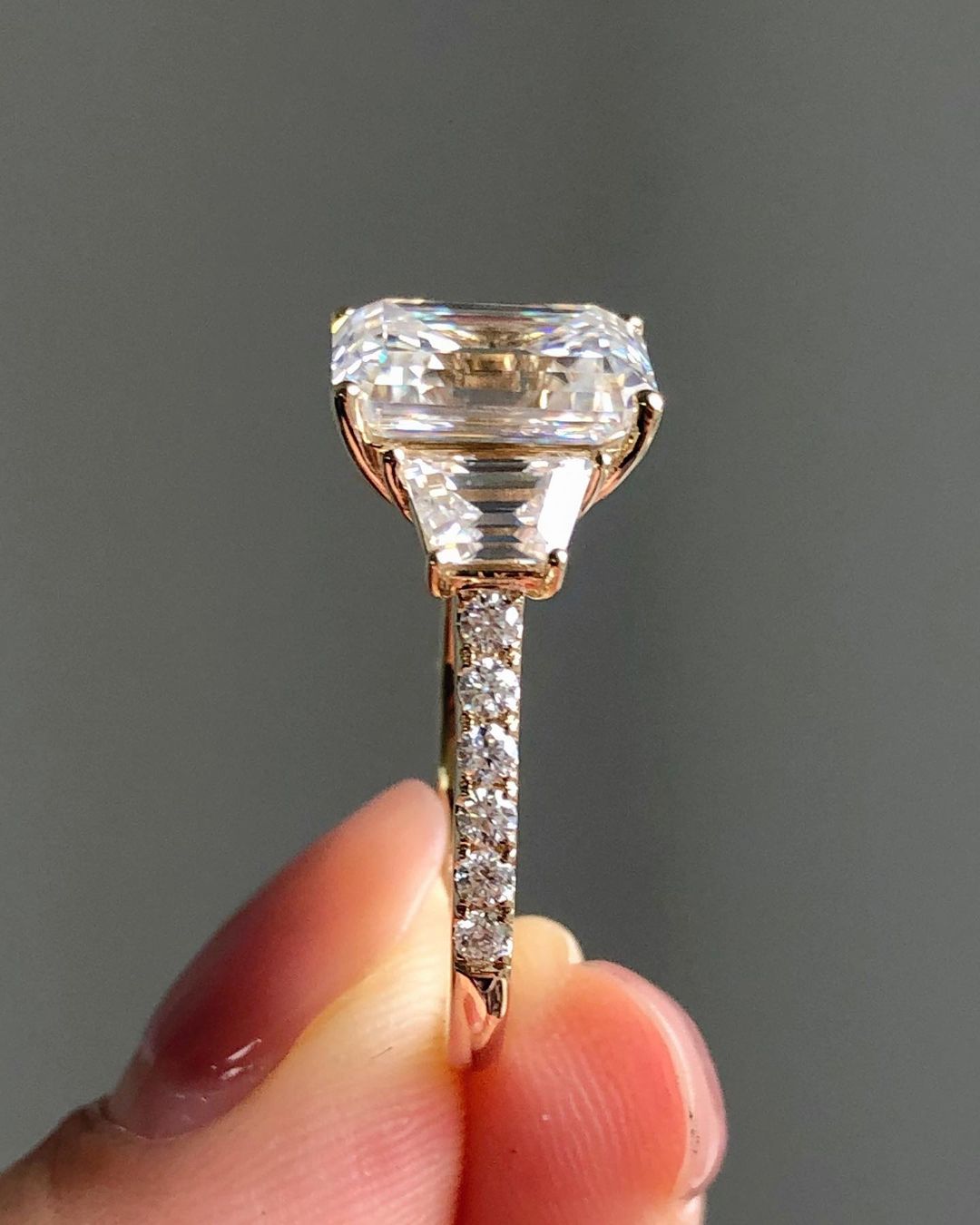 Three Stones & Pave Setting Ring with 3.24 CT Emerald Cut Moissanite