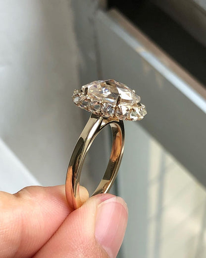 Bezel Unique Halo Ring with 3.50 CT Rose Cut Oval Moissanite