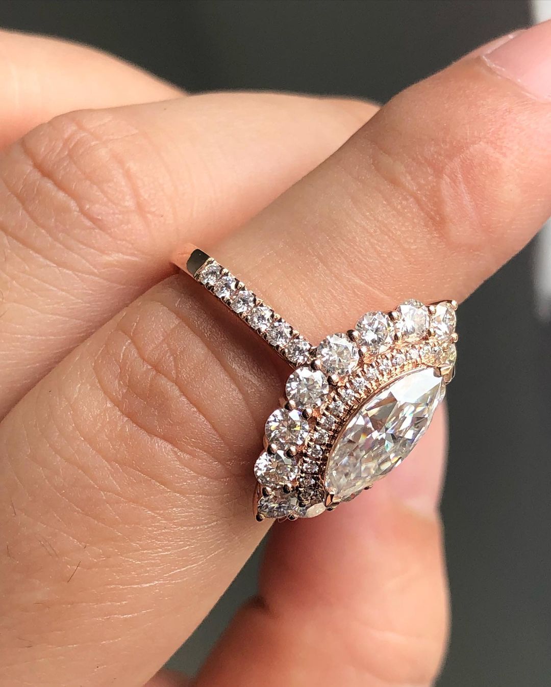 Halo & Pave Ring with 1.0 CT Marquise Cut Moissanite
