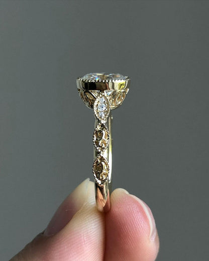 Milgrain Style Pave Ring with 1.33 CT Crushed Ice Oval Cut Moissanite