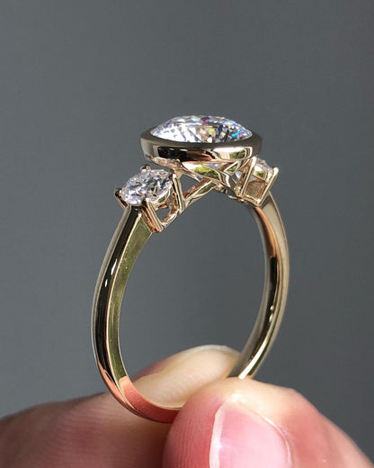 Bezel Three Stones Ring with 2.20 CT Round Portuguese Cut Moissanite