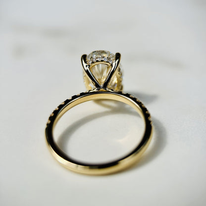 1.80 CT oval cut CVD lab grown diamond engagement ring with hidden halo, pave-set band, E color, VS1 clarity, in white gold setting