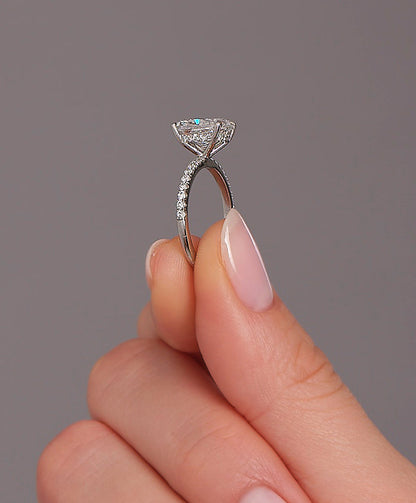 Hidden Halo Ring with 3.0 CT Elongtaed Cushion Cut Moissanite