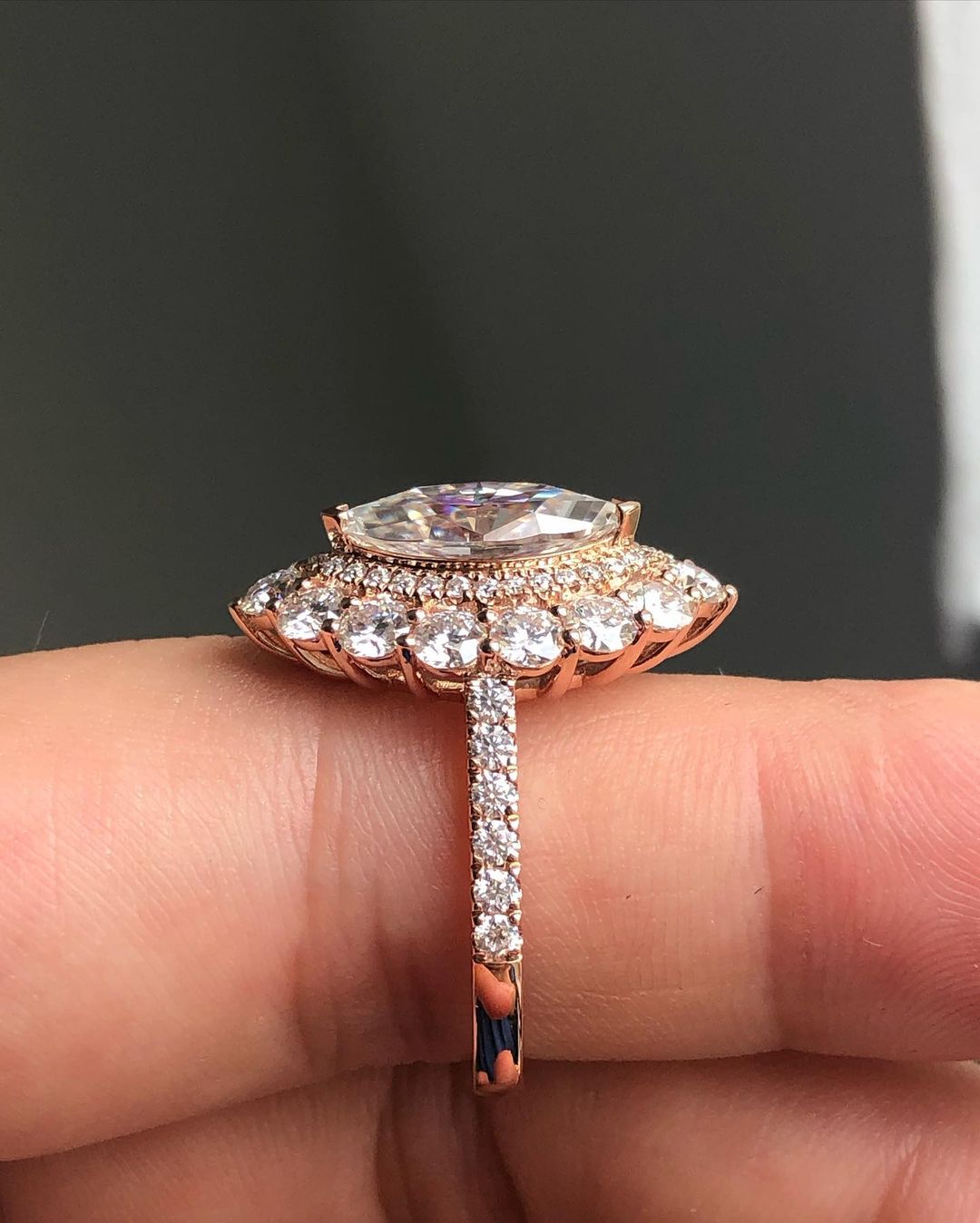 Halo & Pave Ring with 1.0 CT Marquise Cut Moissanite