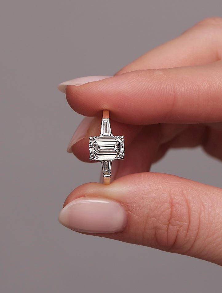 Three Stone Ring with 2.0 CT Emerald Cut Moissanite