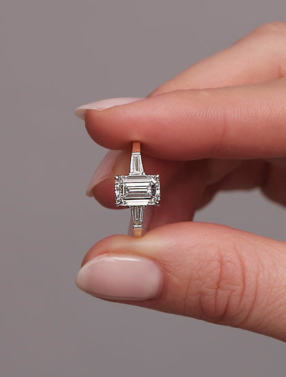 Three Stone Ring with 2.0 CT Emerald Cut Moissanite