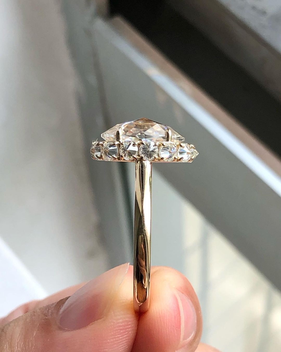 Bezel Unique Halo Ring with 3.50 CT Rose Cut Oval Moissanite