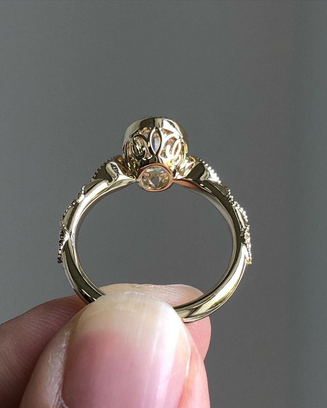 Milgrain Style Pave Ring with 1.33 CT Crushed Ice Oval Cut Moissanite