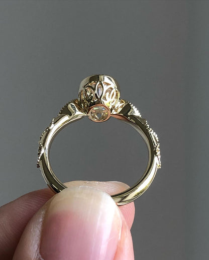 Milgrain Style Pave Ring with 1.33 CT Crushed Ice Oval Cut Moissanite