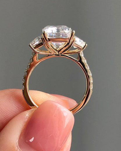Three Stones & Pave Setting Ring with 3.24 CT Emerald Cut Moissanite