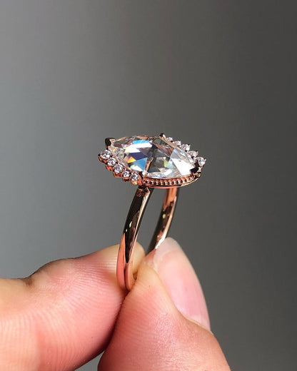 Half Halo Ring with 1.0 CT Rose Cut Marquise Cut Moissanite