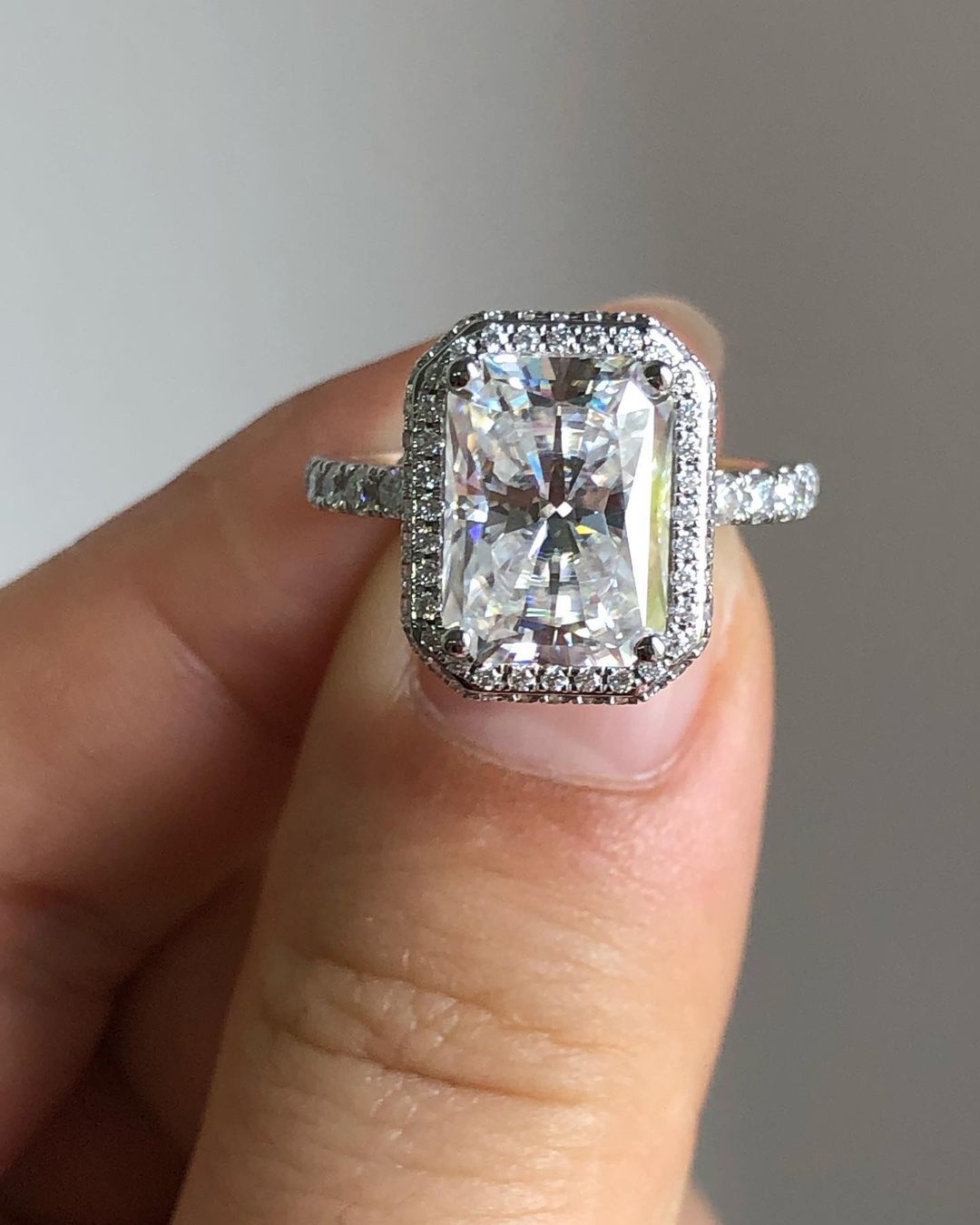 Halo & Pave Ring with 2.10 CT Radiant Cut Moissanite
