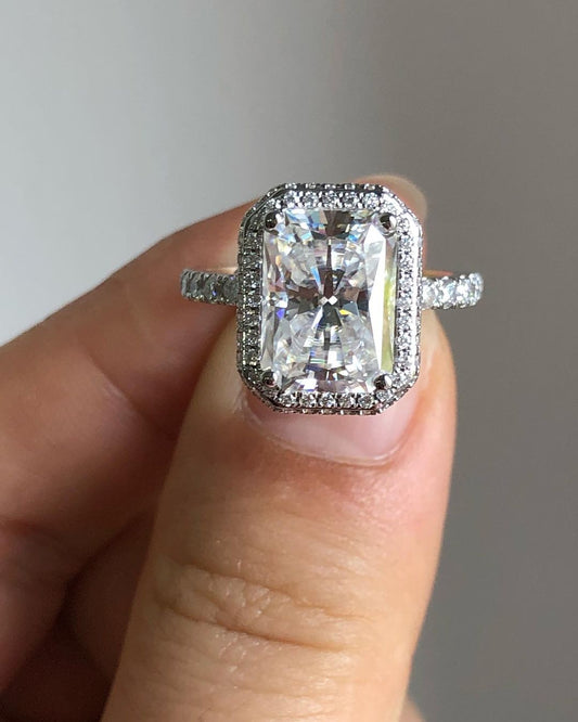 Halo & Pave Ring with 2.10 CT Radiant Cut Moissanite