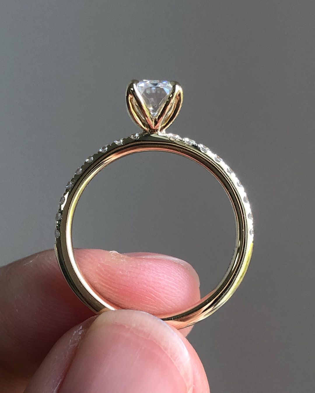 Pave Ring with 0.92 CT Emerald Cut Moissanite