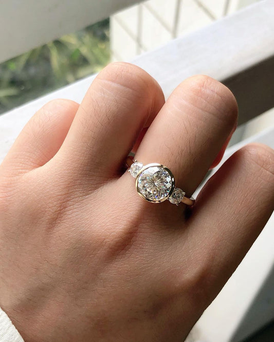 Bezel Three Stones Ring with 2.20 CT Round Portuguese Cut Moissanite