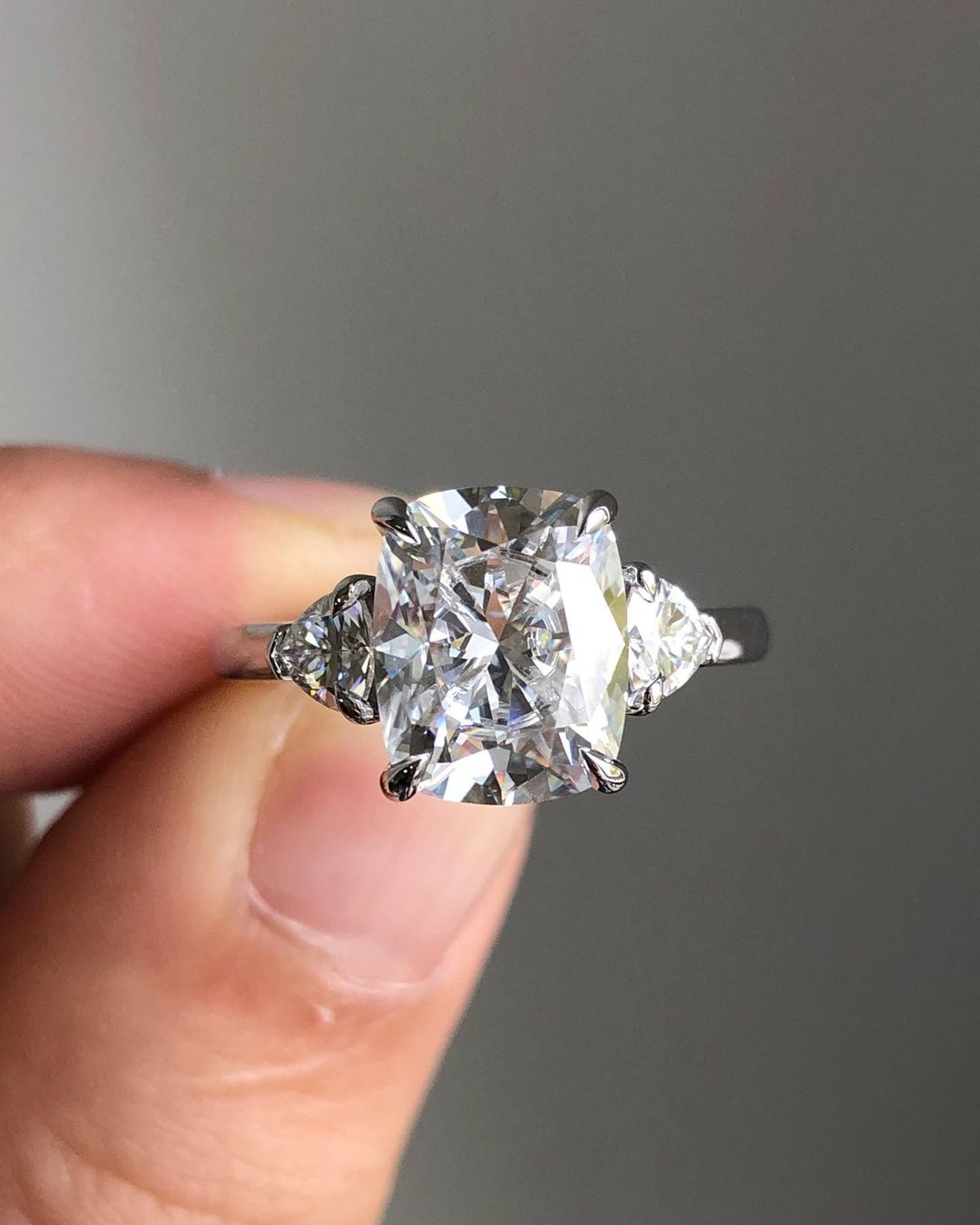Three Stones Ring with 2.66 CT Elongated Cushion Cut Moissanite
