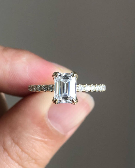 Pave Ring with 0.92 CT Emerald Cut Moissanite