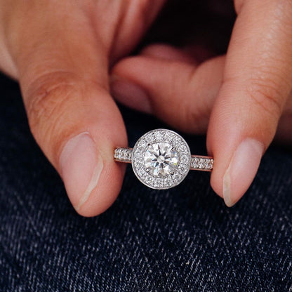 Halo & Pave Ring with 1.0 CT Round Cut Moissanite