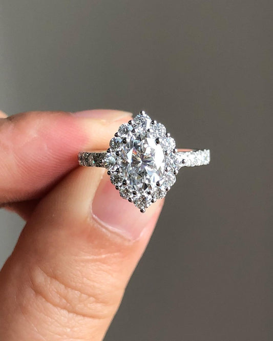 Halo & Pave Ring with 0.85 CT Oval Cut Moissanite
