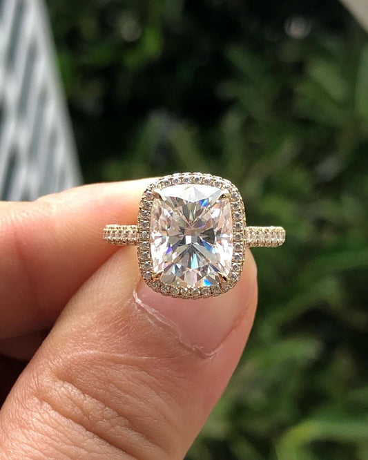 Halo & Triple Pave Ring with 2.66 CT Elongated Cushion Cut Moissanite