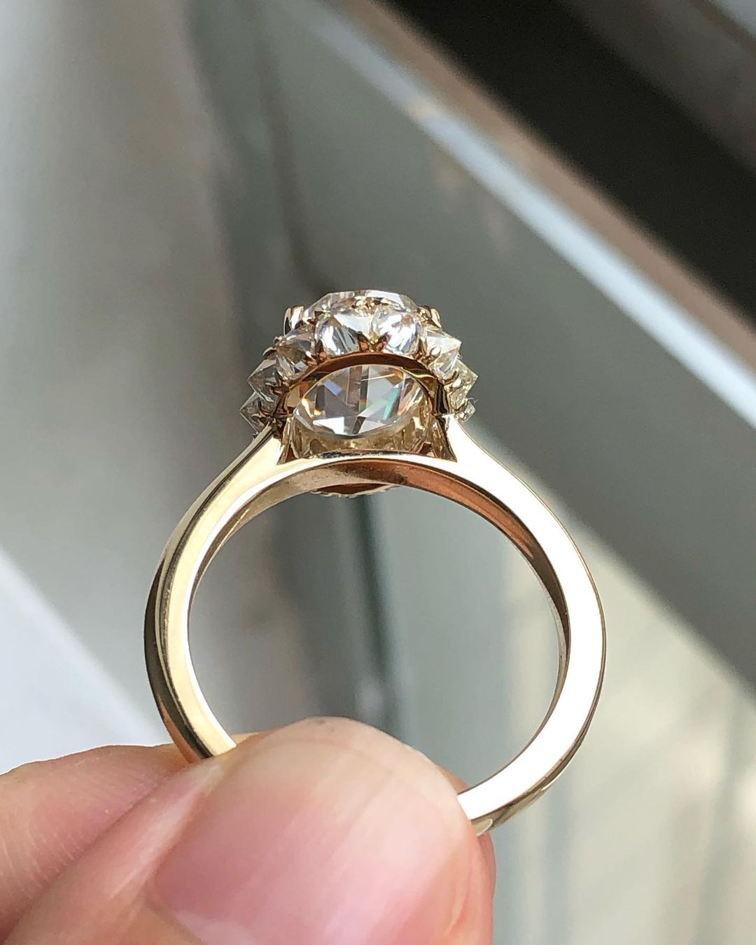 Bezel Unique Halo Ring with 3.50 CT Rose Cut Oval Moissanite