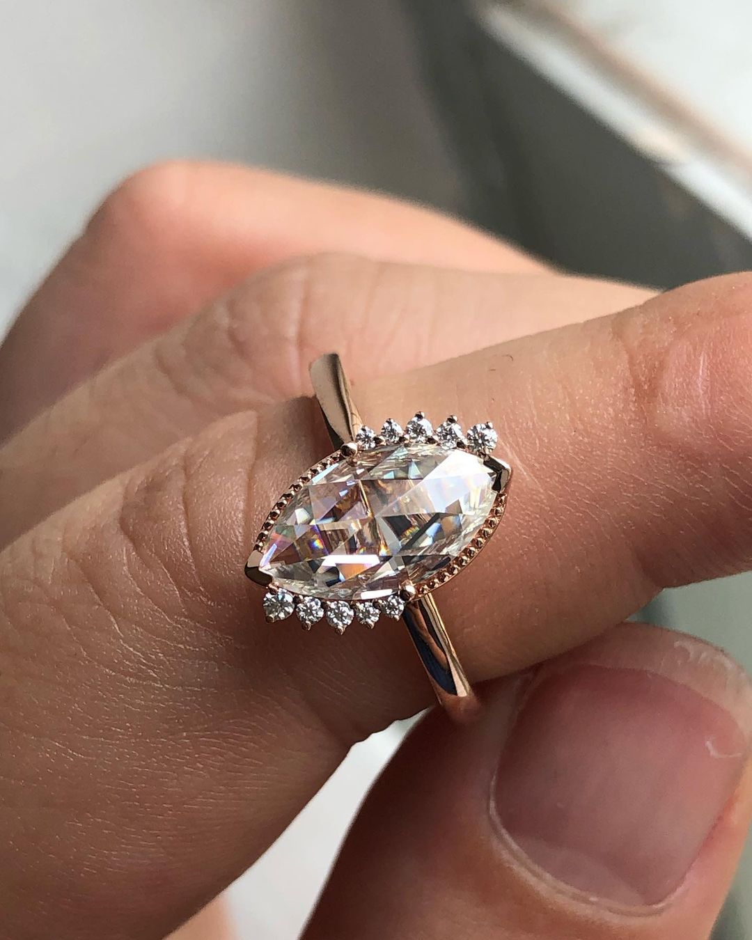 Half Halo Ring with 1.0 CT Rose Cut Marquise Cut Moissanite