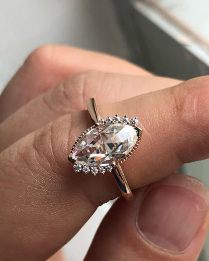 Half Halo Ring with 1.0 CT Rose Cut Marquise Cut Moissanite