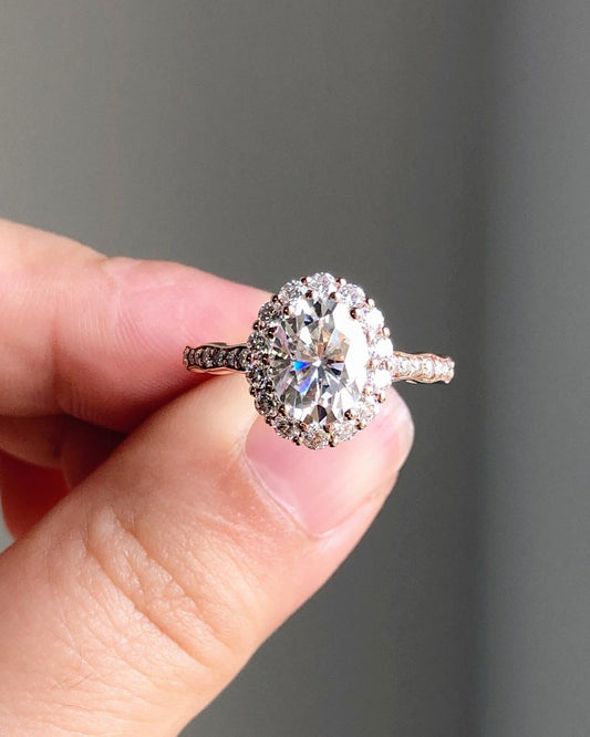 Halo & Pave Ring with 1.33 CT Oval Cut Moissanite