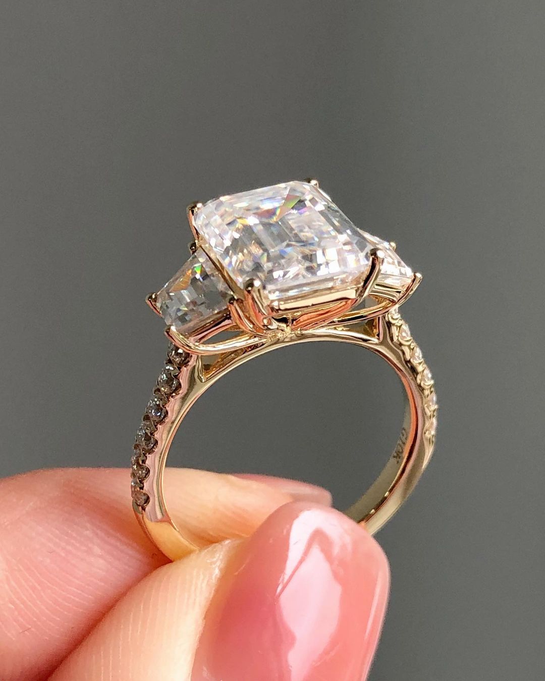 Three Stones & Pave Setting Ring with 3.24 CT Emerald Cut Moissanite