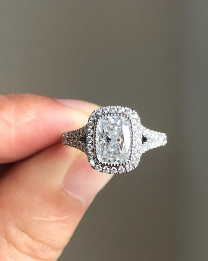 Halo & Split Shank Style Ring with 2.66 CT Crushed Ice Elongated Cushion Cut Moissanite