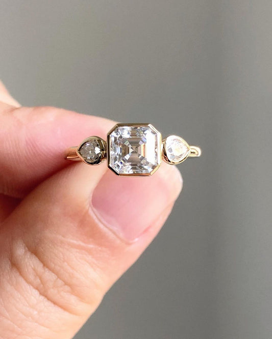 Bezel Three Stones Ring with 1.19 CT Asscher Cut Moissanite