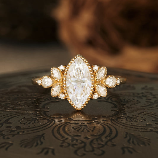 Marquise moissanite diamond cluster engagement ring
