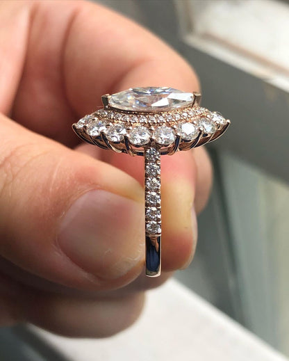 Halo & Pave Ring with 1.0 CT Marquise Cut Moissanite